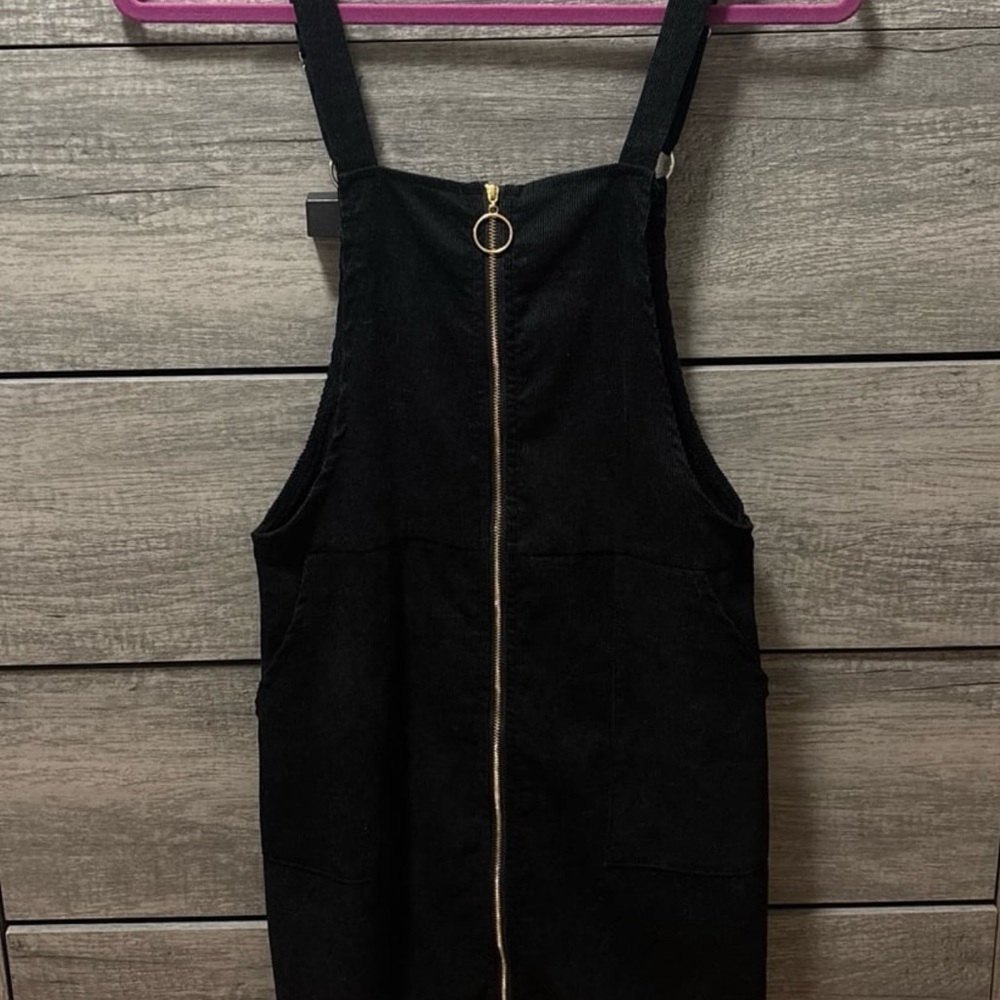 Black Corduroy Overall Dress with Zipper